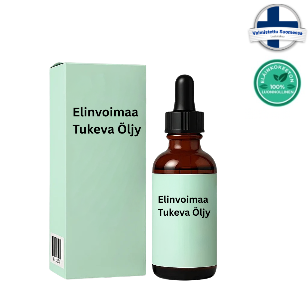 Elinvoimaa Tukeva Öljy tuotepakkaus ja öljypullo ihonhoitoon