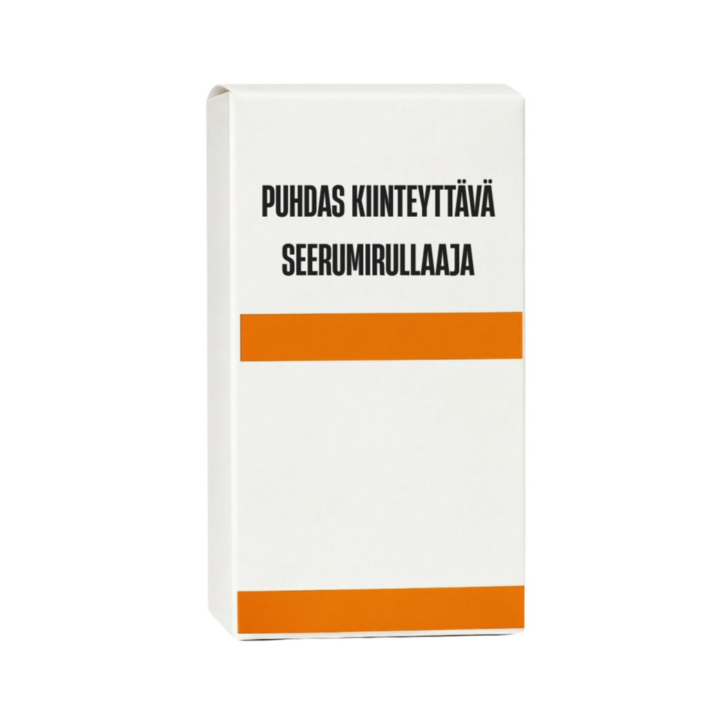 Puhdas kiinteyttävä seerumirullaaja pakkauksessa valkoisella taustalla ja oranssilla yksityiskohdalla.