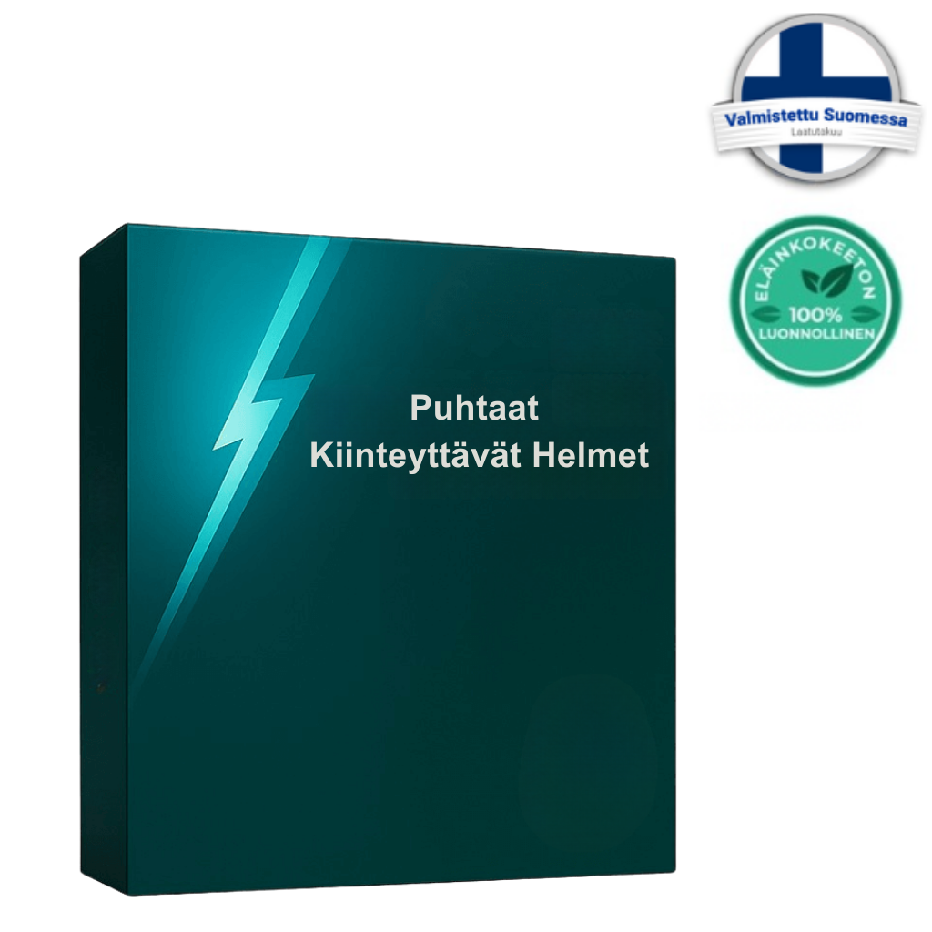 Puhtaat Kiinteyttävät Helmet kauneudenhoitotuote pakkauksessa, luonnollinen ja suomalainen