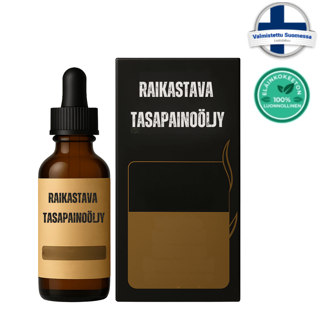 Raikastava Tasapainoöljy - kauneusöljypullo ja pakkaus, täydentää ihonhoitoa ja tuo tasapainoa.
