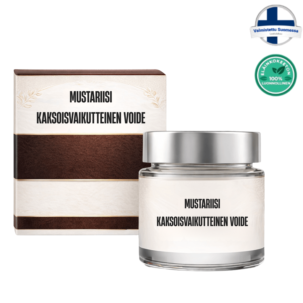 Mustariisi kaksoisvaikutteinen voide in a jar with packaging, designed for smooth and glowing skin.