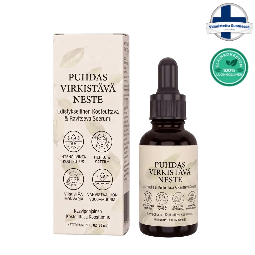 Puhdas Virkistävä Neste, edistyksellinen kostuttava ja ravitseva seerumi, ihohoitotuote.