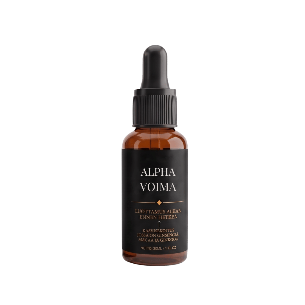 Alpha Voima kasviseerumi, jossa on ginsengia, maca ja ginkgo, 30ml pullo.