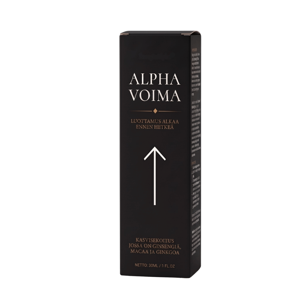 Alpha Voima package with text describing the product benefits and ingredients, featuring ginseng, maca, and ginkgo.