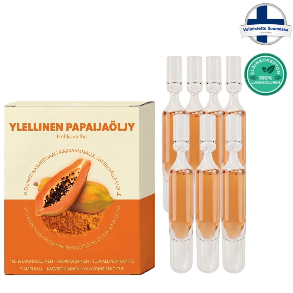 Ylellinen papaijaöljy - Hehkuvaa ihoa parantava tuote, sisältää 7 ampullia. 100% luonnollinen.