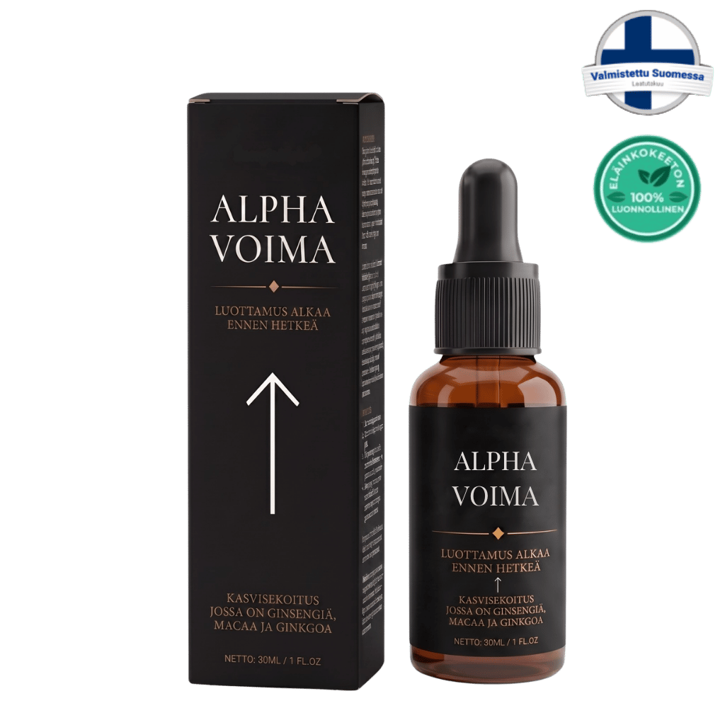 Alpha Voima kasviseerumi, joka sisältää ginsengia, macaata ja ginkgoa luottamuksen lisäämiseksi.