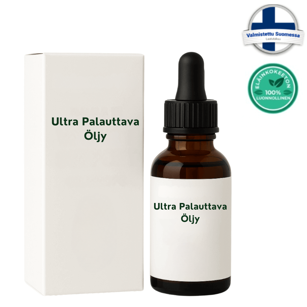 Ultra-palauttava öljy 50ml pullo ja pakkaus, hyvin hoidettu iho, luonnollinen kauneus