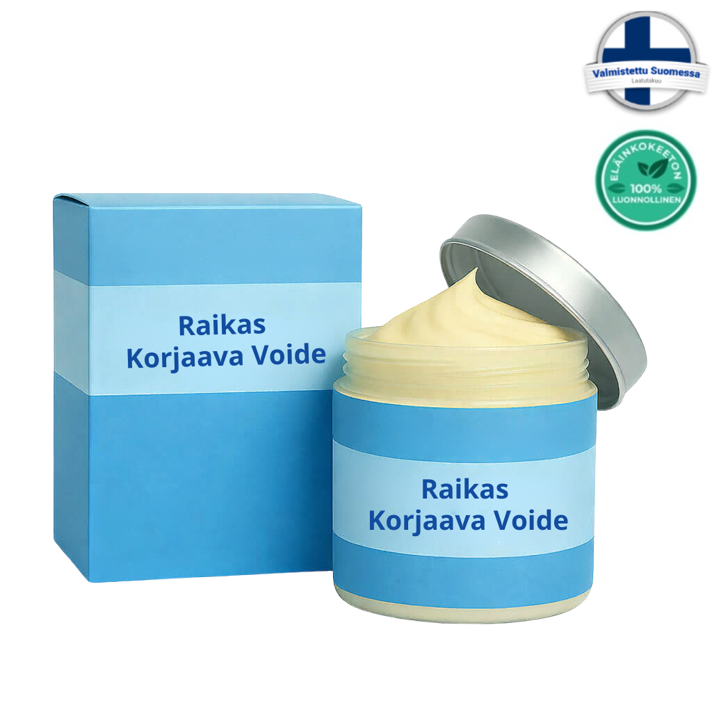 Raikas Korjaava Voide in a jar with a blue box, perfect for daily skincare routine.