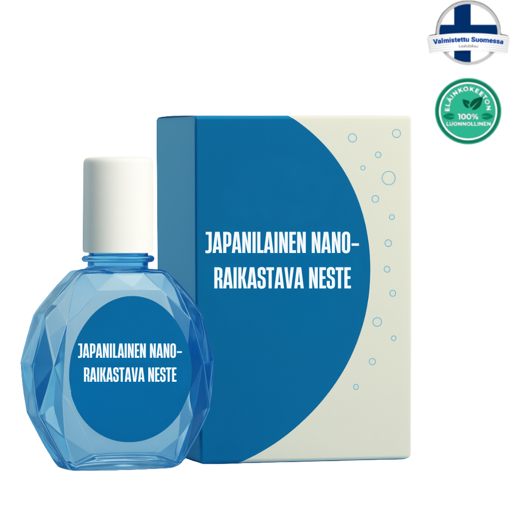 Japanilainen nano-raikastava neste pullo ja pakkaus kauneustuotteessa.