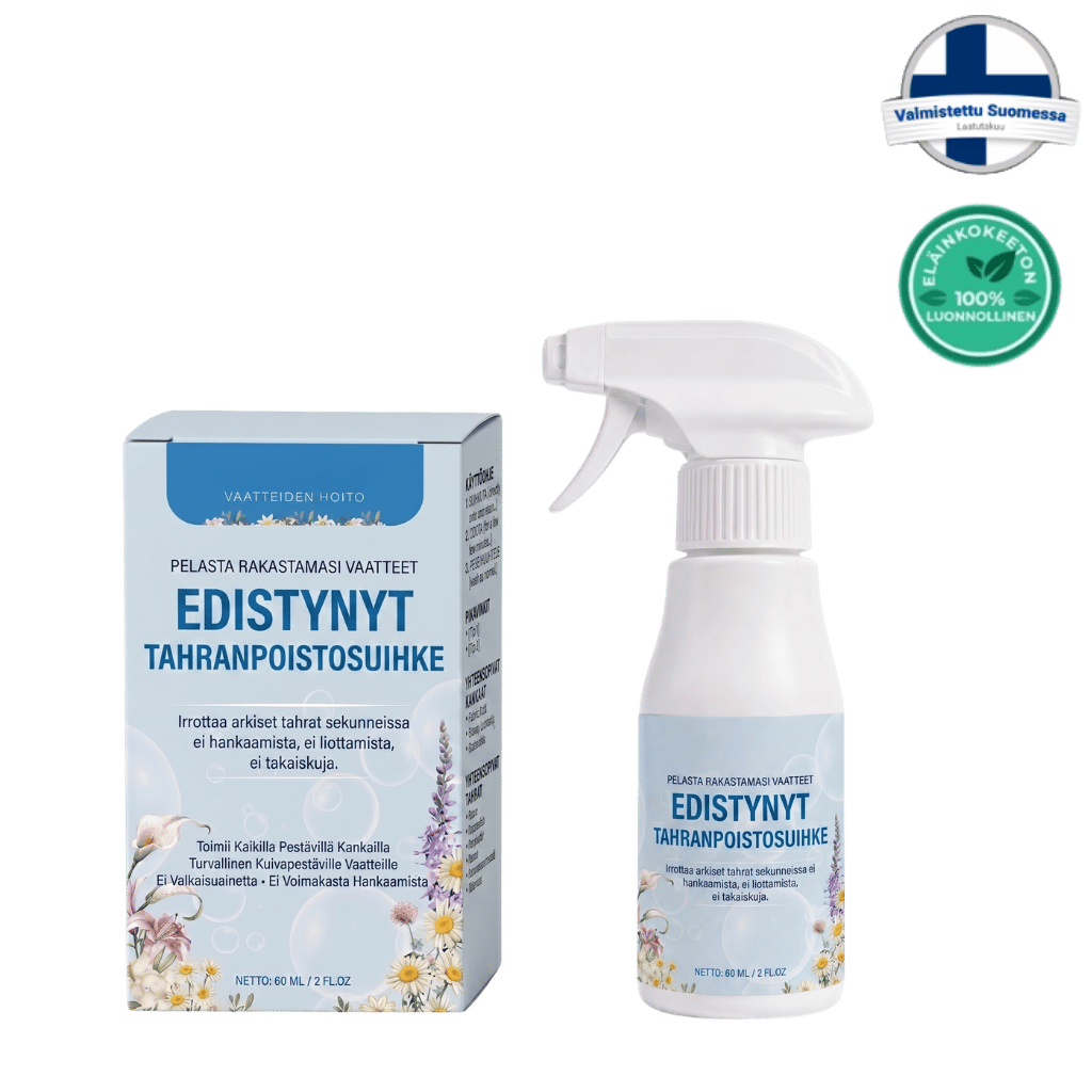 Edistynyt ioniton pyykinemulgaattorisuihke 500ml pullossa ja pakkauksessa, tehokas tahranpoistoon.