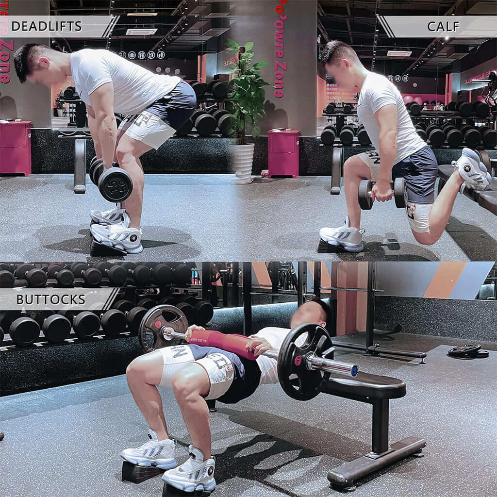 LumiPuro SquatLift upper and lower body workout demonstration showing deadlifts, calf raises, and targeting buttocks.