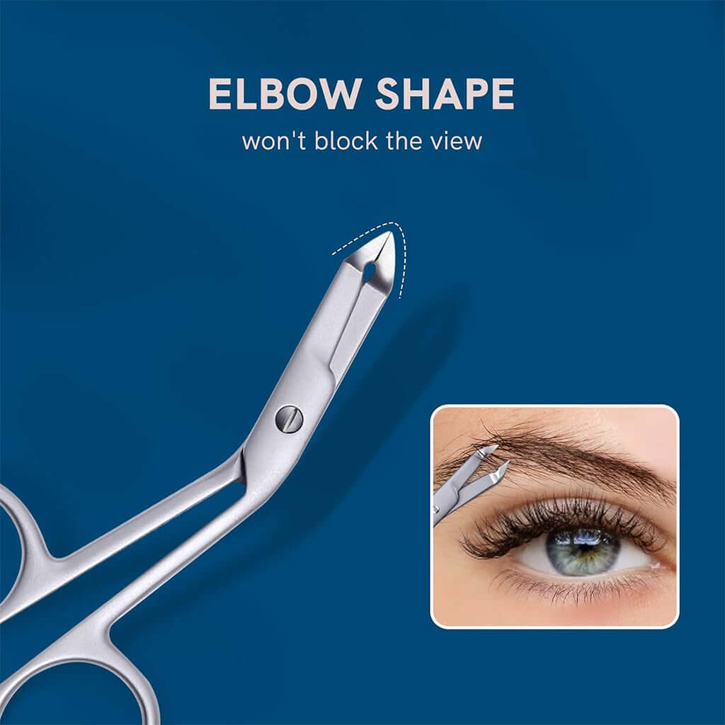 LumiPuro – Kulmakarvojen Muotoilusetti featuring elbow shape scissors for precision grooming.