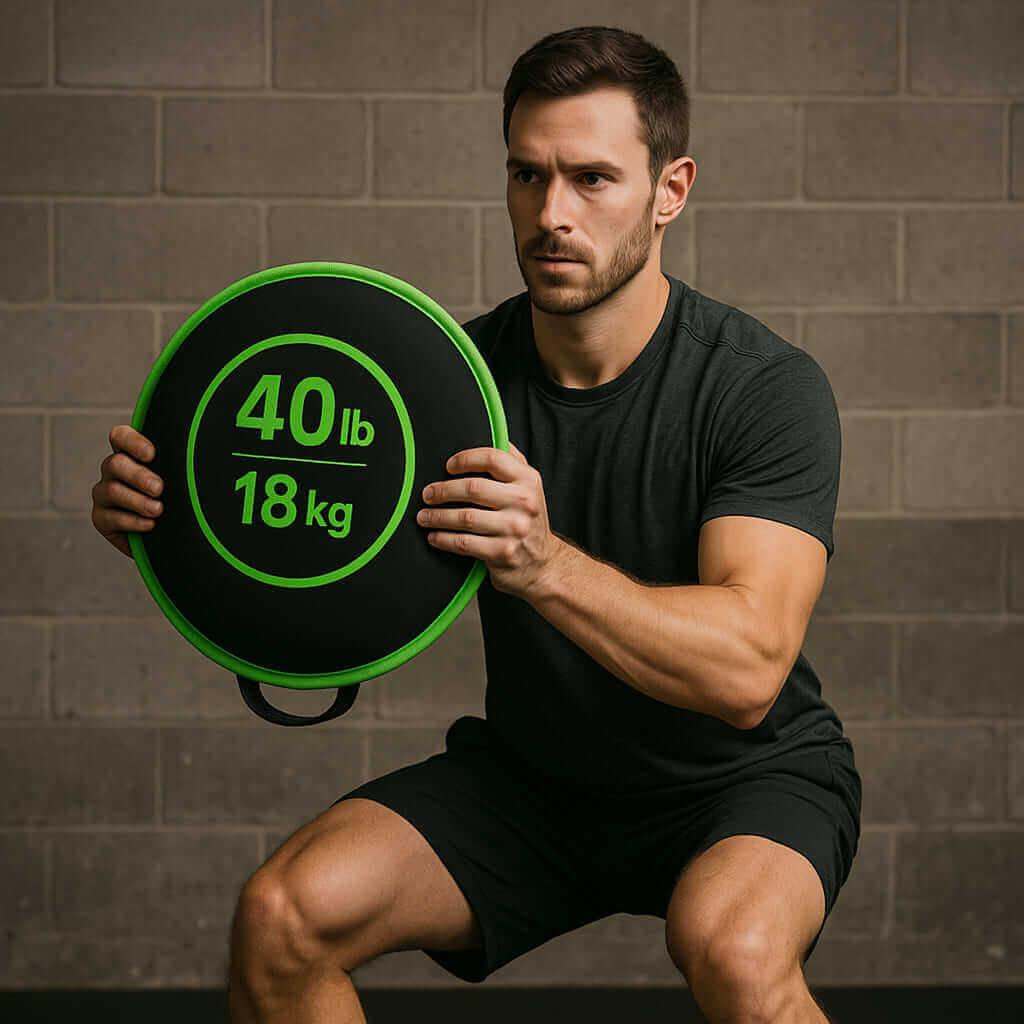Man performing a squat with LumiPuro VoimaPallo, a versatile exercise tool for full body workouts.