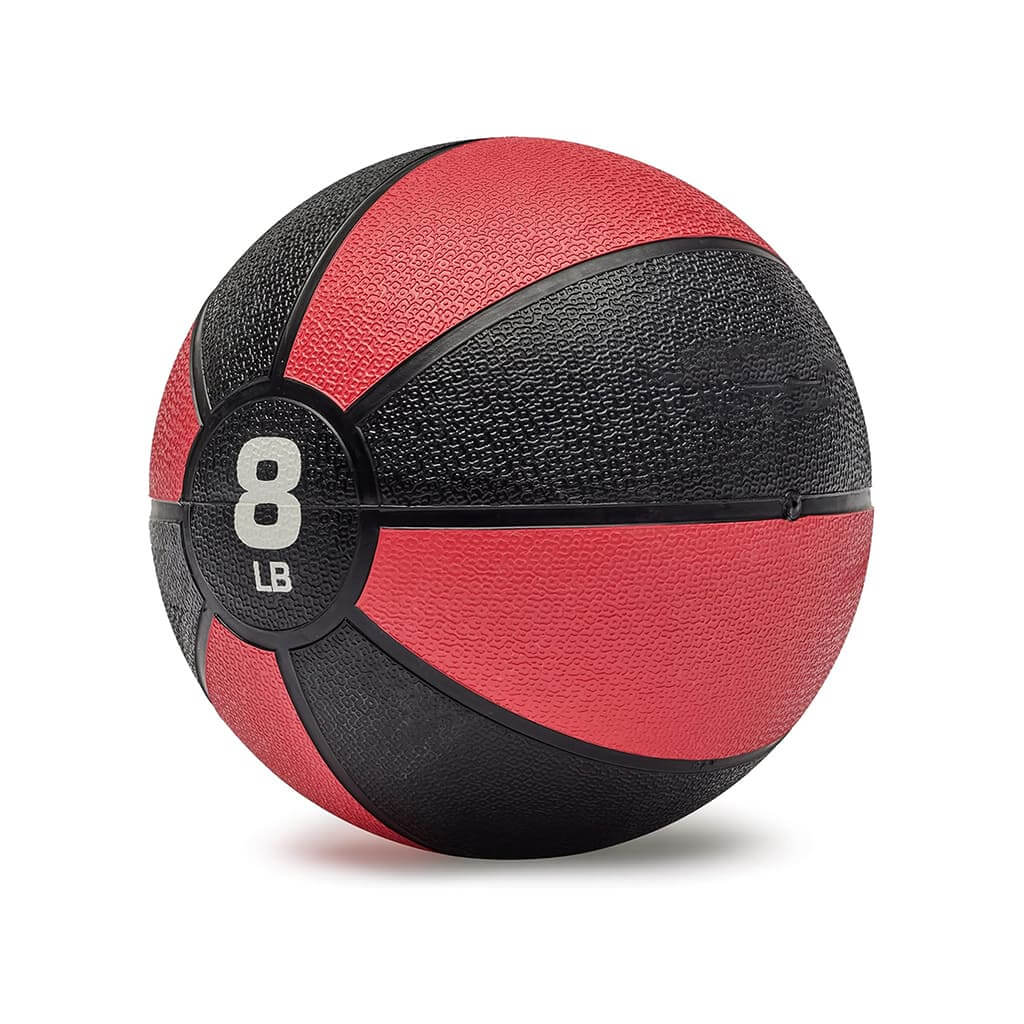 LumiPuro CoreBall 8 lb medicine ball in red and black for functional training and core workouts.