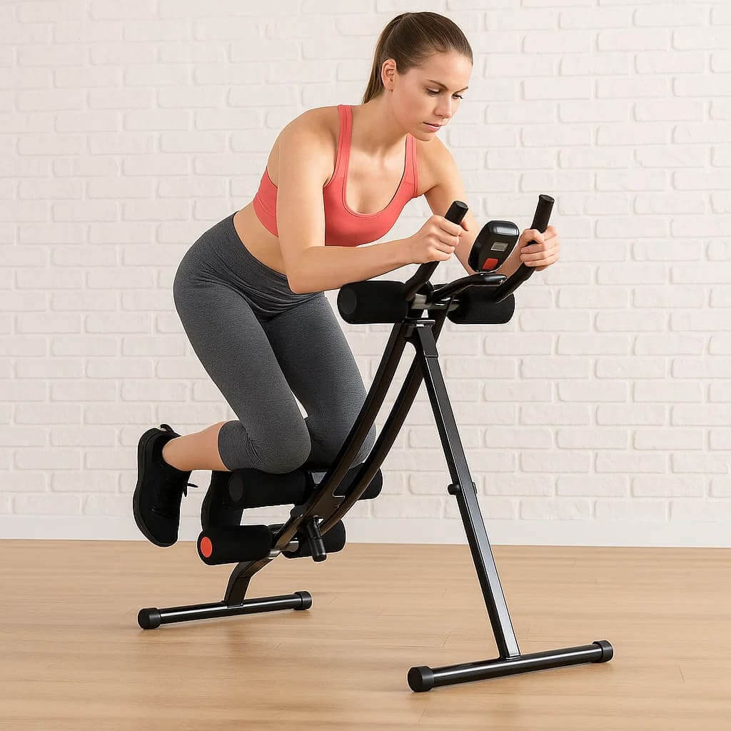 Woman exercising on the LumiPuro KallistusCore abdominal trainer at home, focusing on core strength.