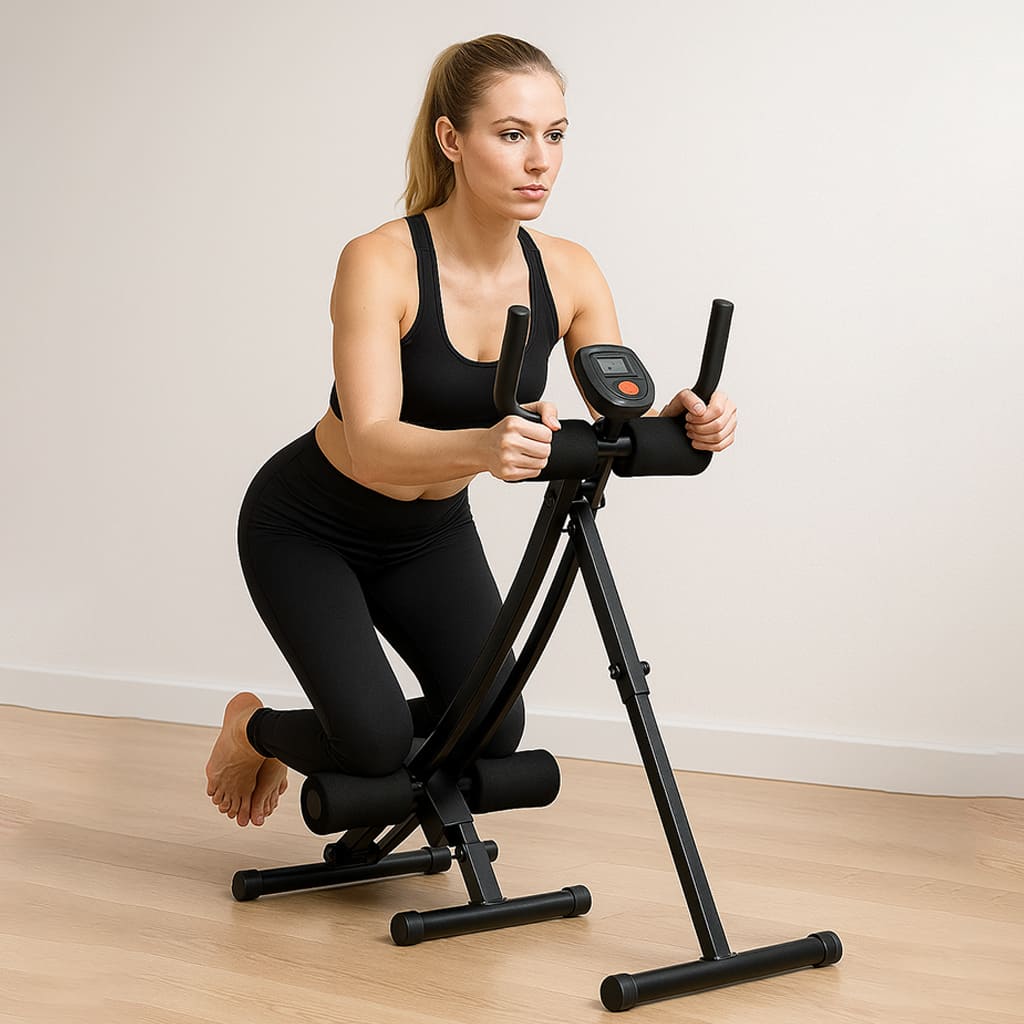 Woman using LumiPuro KallistusCore exercise machine for core strengthening at home.