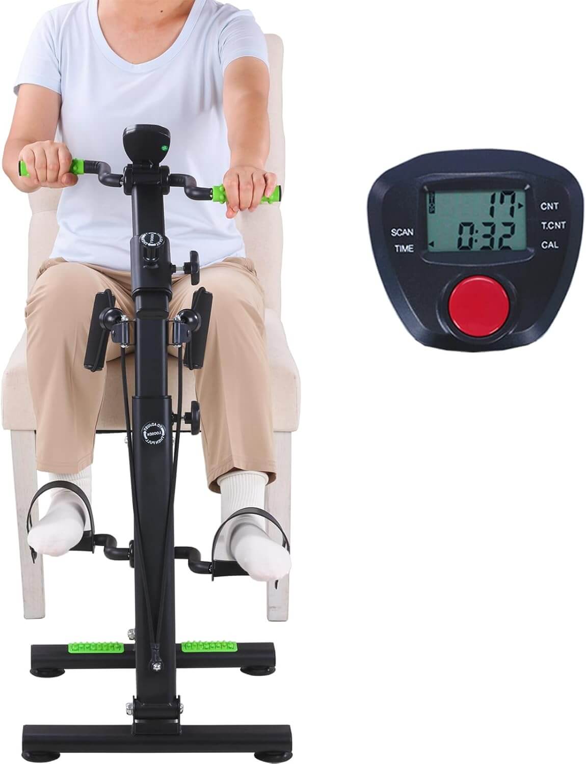 LumiPuro Kompakti Poljinharjoittelija in use with LCD display showing workout metrics.