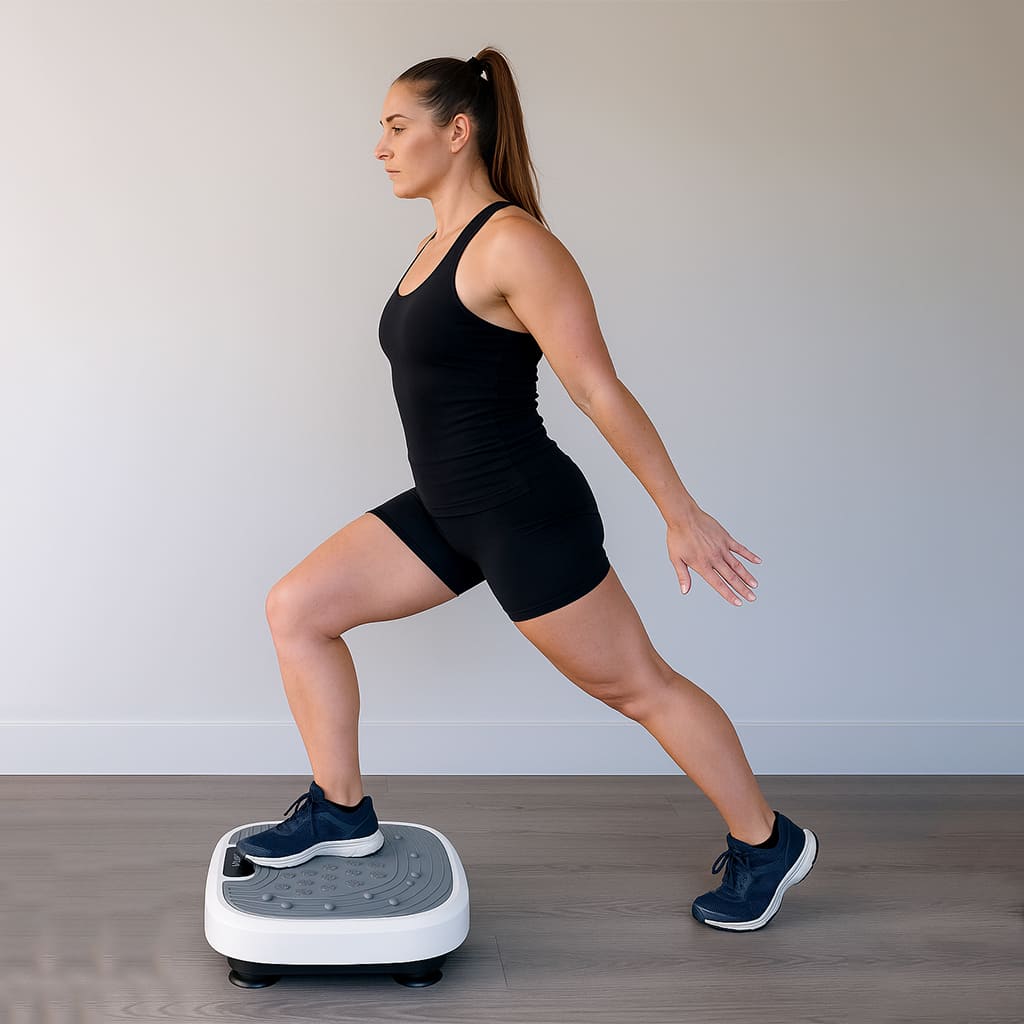 Woman using LumiPuro TärinäVoima whole body vibration machine for effective home workouts.