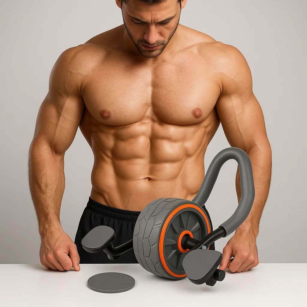 Man using LumiPuro VatsaRulla Max for core exercises, showcasing strength and fitness training equipment.