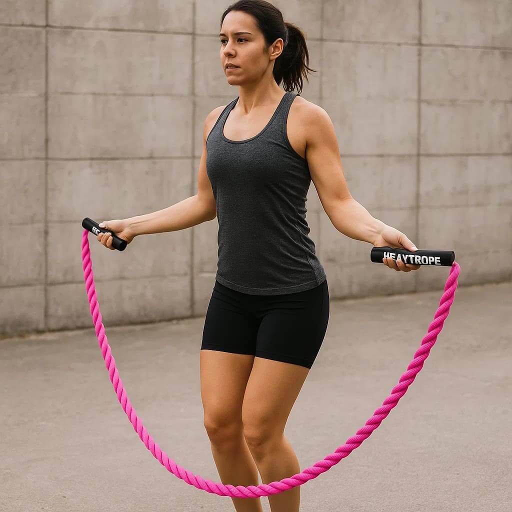 LumiPuro VoimaHyppyKöysi used by a woman for intense workout and strength training outdoors.