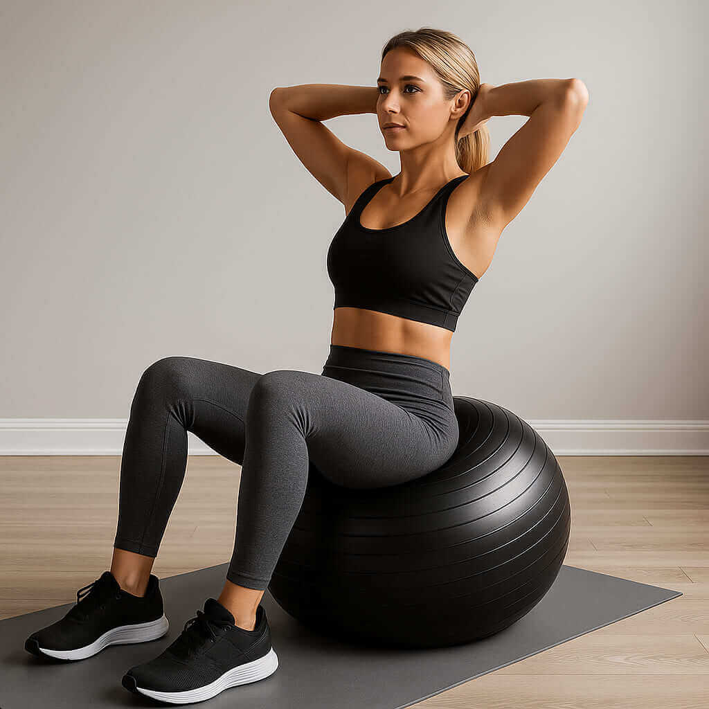 Woman exercising on LumiPuro ZenPallo balance ball, enhancing core strength and fitness.