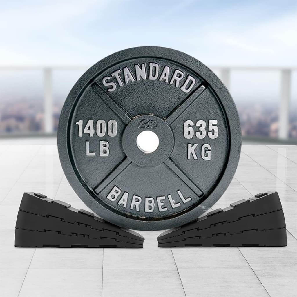 LumiPuro SquatLift adjustable heel lifts next to a standard weight plate for effective squatting support.
